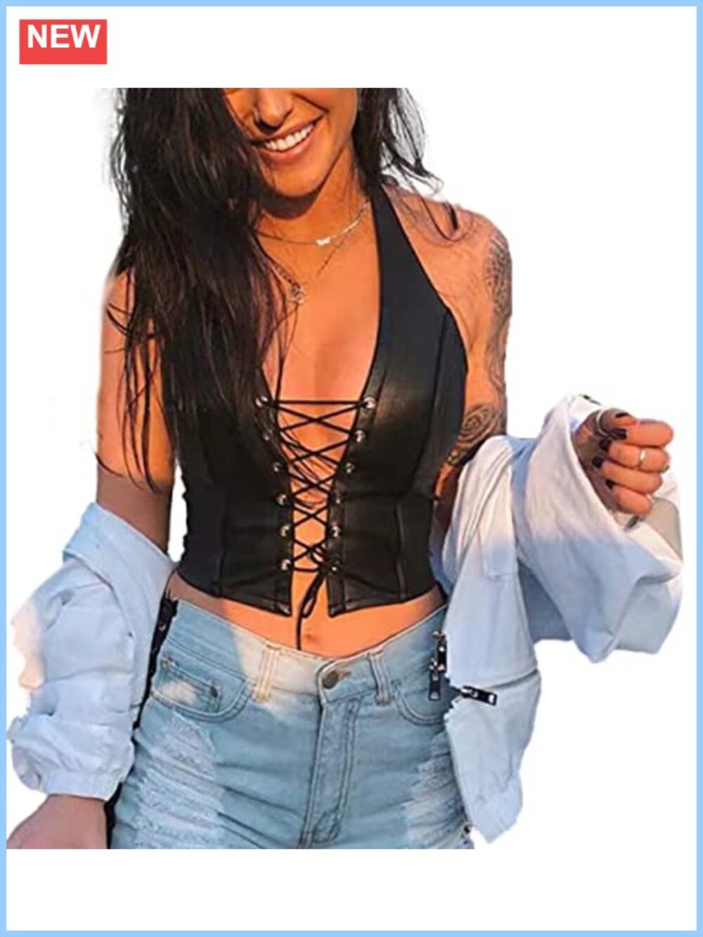 Faux Leather Halter Backless Tank Top Sleeveless Rivet Lace Up